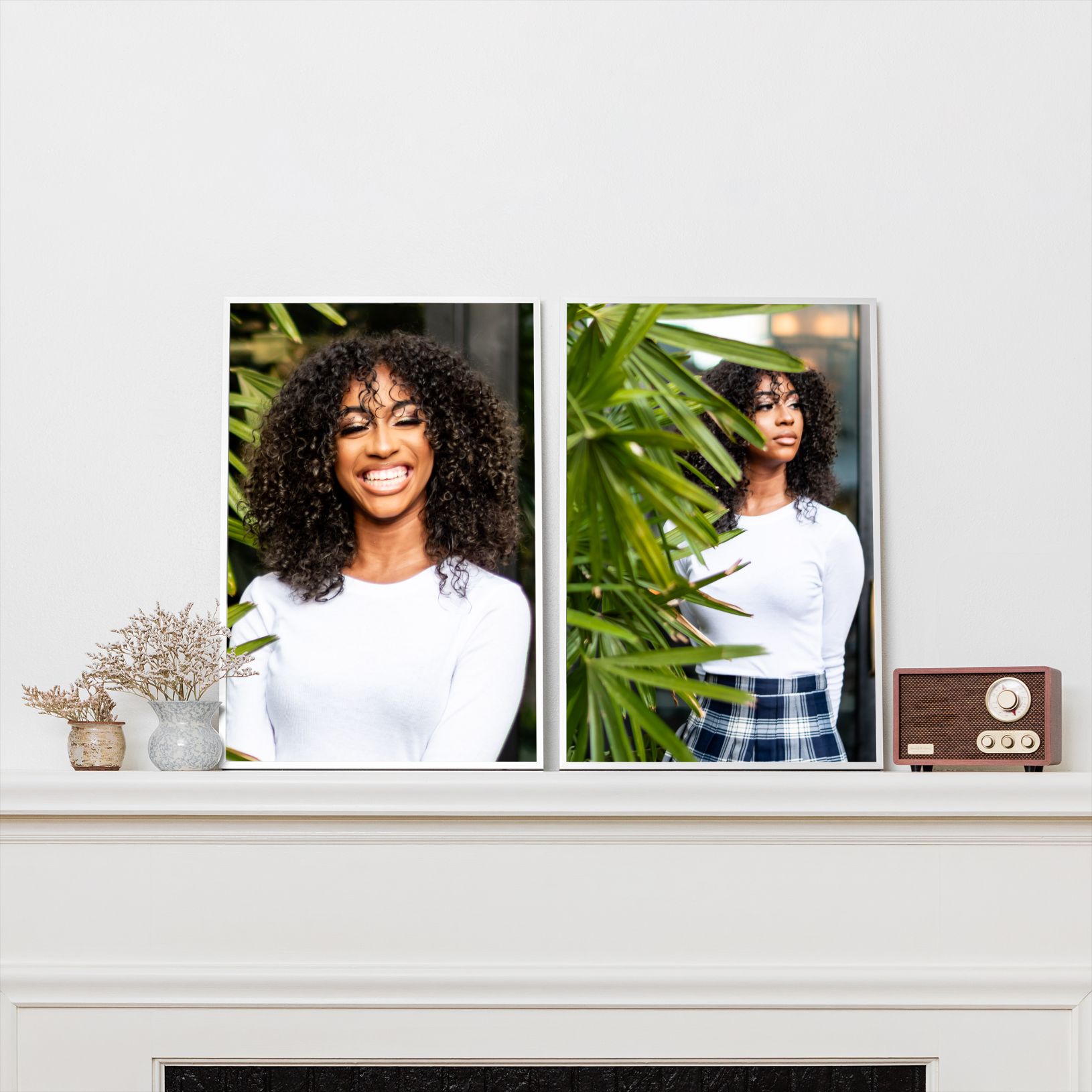 high school senior girl framed prints leaning against a wall on a fireplace mantel